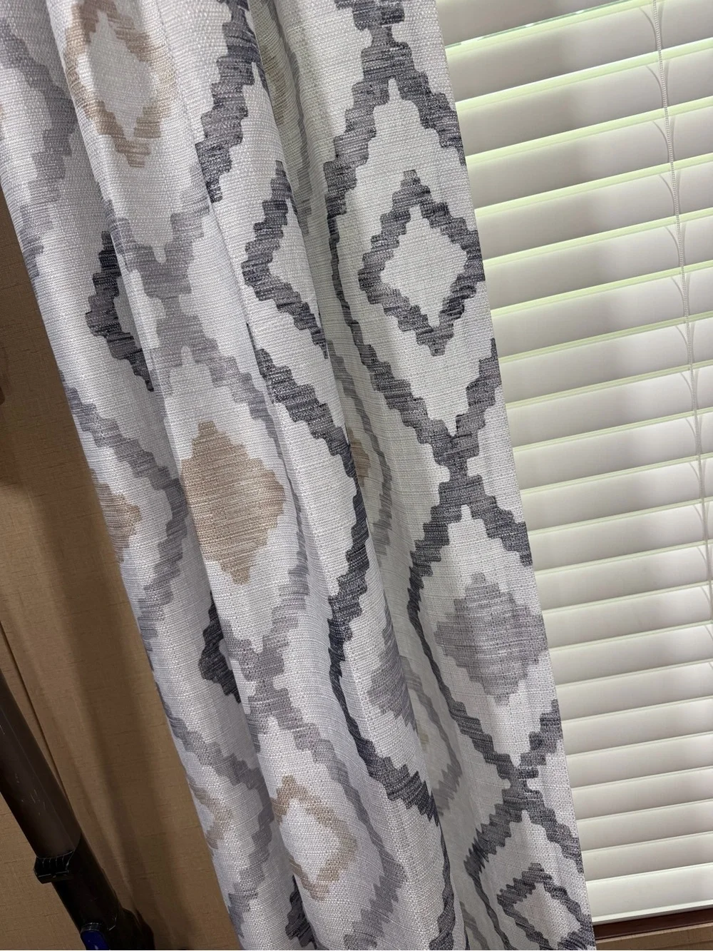 Geometric Pattern Window Curtains - Neutral Gray and Beige. 3 sets of 2.